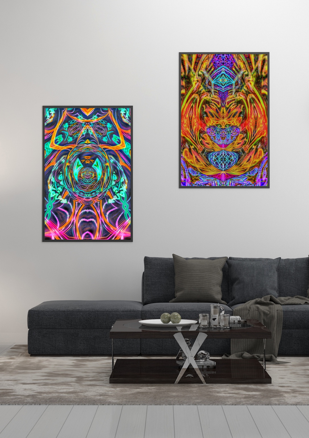 Bio Field Waveform artworks displayed together in a contemporary interior